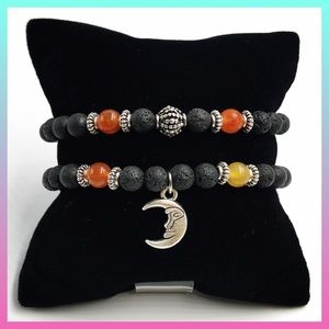 Carnelian moon bracelet . carnelian & black lava rock beads Silver moon charm